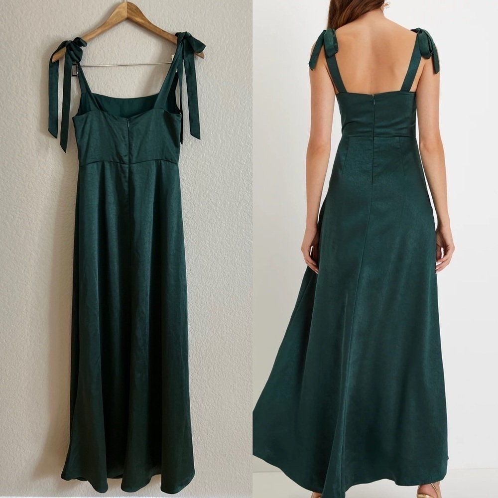 NWOT Made to Be Adored Hunter Green Satin Tie-Strap Maxi Dress - Picture 3 of 8